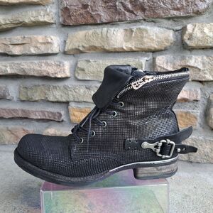 A.S. 98 Black Metallic Venezia Leather Ankle Boot Lace Up & Zip Sz 40 Moto Punk